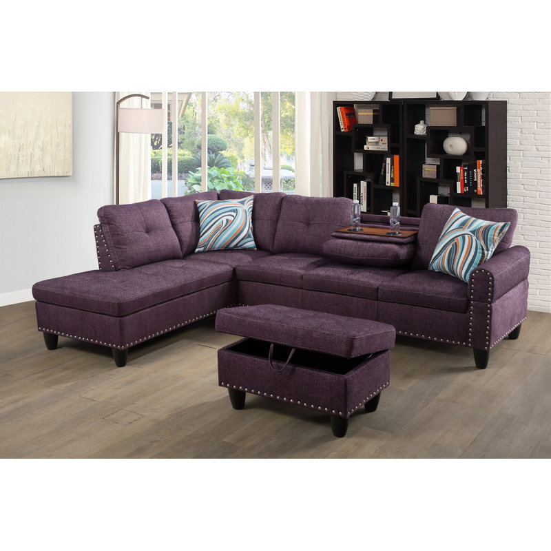 Mullica 3 Piece Upholstered Sectional Plum Linen Left Hand Facing